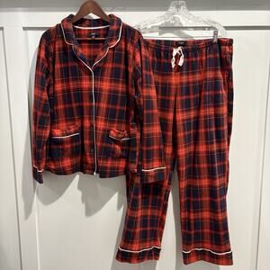 Plaid Pajama Set Womens XL Red Navy Tartan Lounge Button Top & Bottoms Soft Cozy